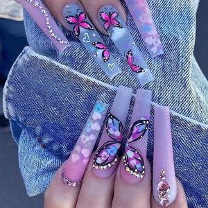 💖 24pcs Rhinestone Pink French Press-On Nails – Long Ballet Square Style