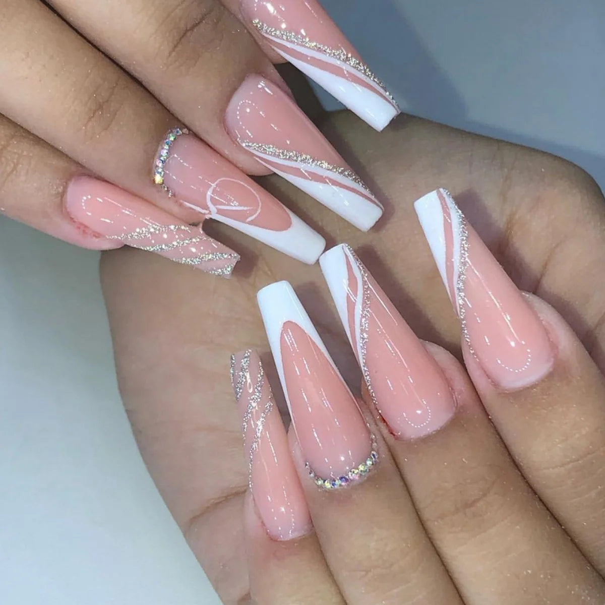 🐻 24pcs Extra Long Square Press-On Nails – 3D Bear & Bow with White French Tips