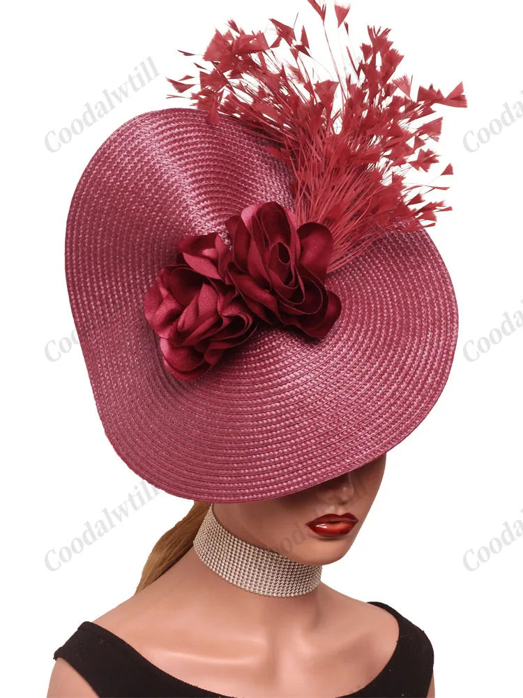 🎩 Big Derby Race Fascinator Hat – Elegant Pillbox with Flowers & Feathers