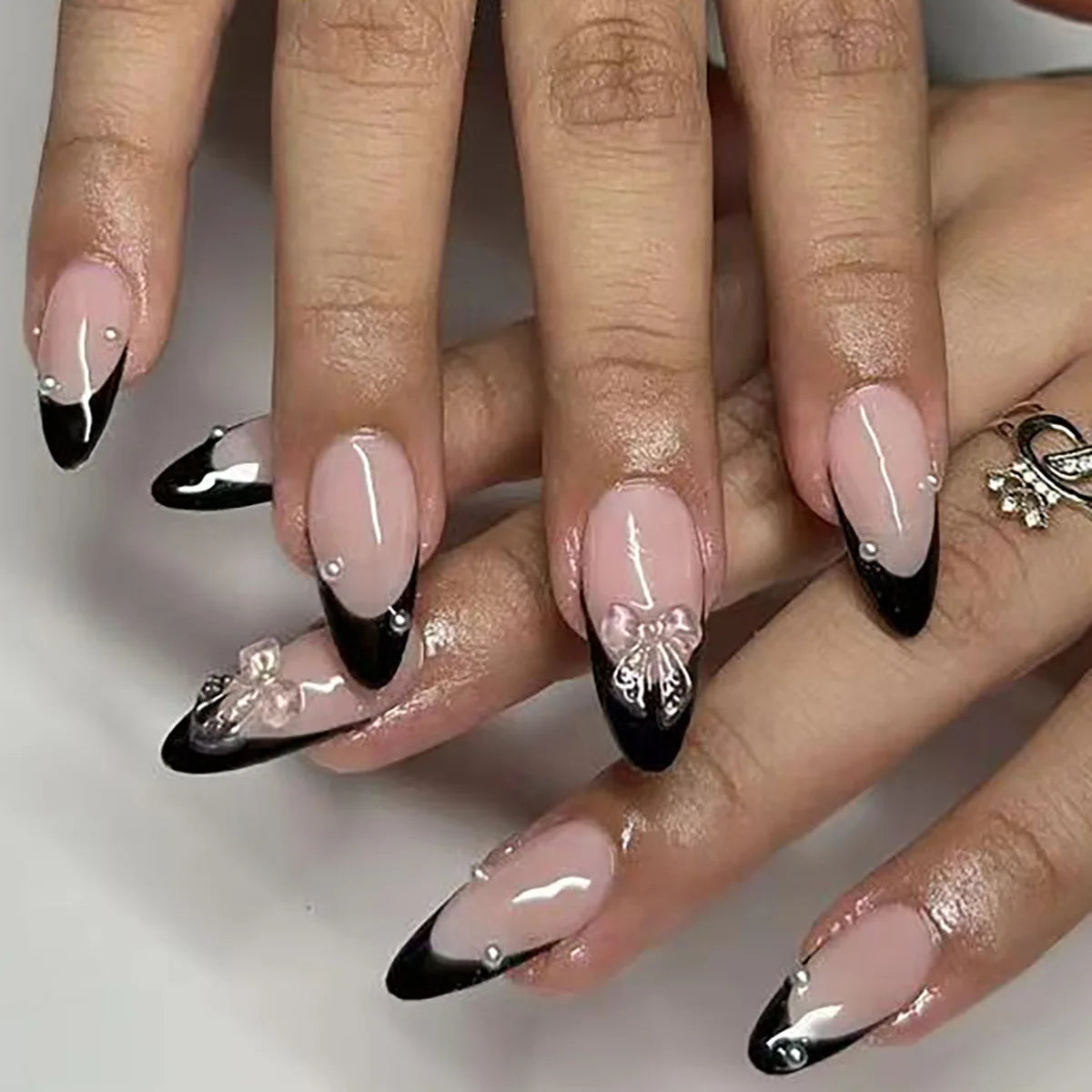 ⭐ 24pcs Simple French Almond Press-On Nails – Chic Stars & Easy Style