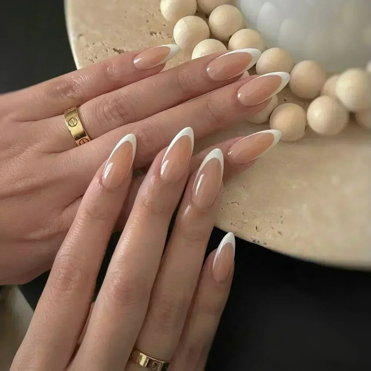💗 24pcs French Almond Press-On Nails – White Edge with INS Pink Style