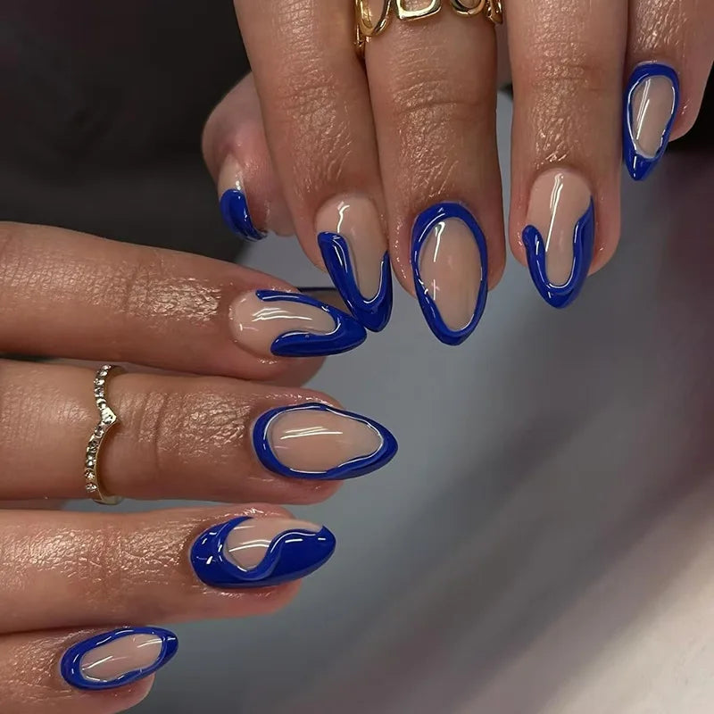 💅 24pcs Blue French Press-On Nails – Short Almond Style with Golden Stars & Wave Lines