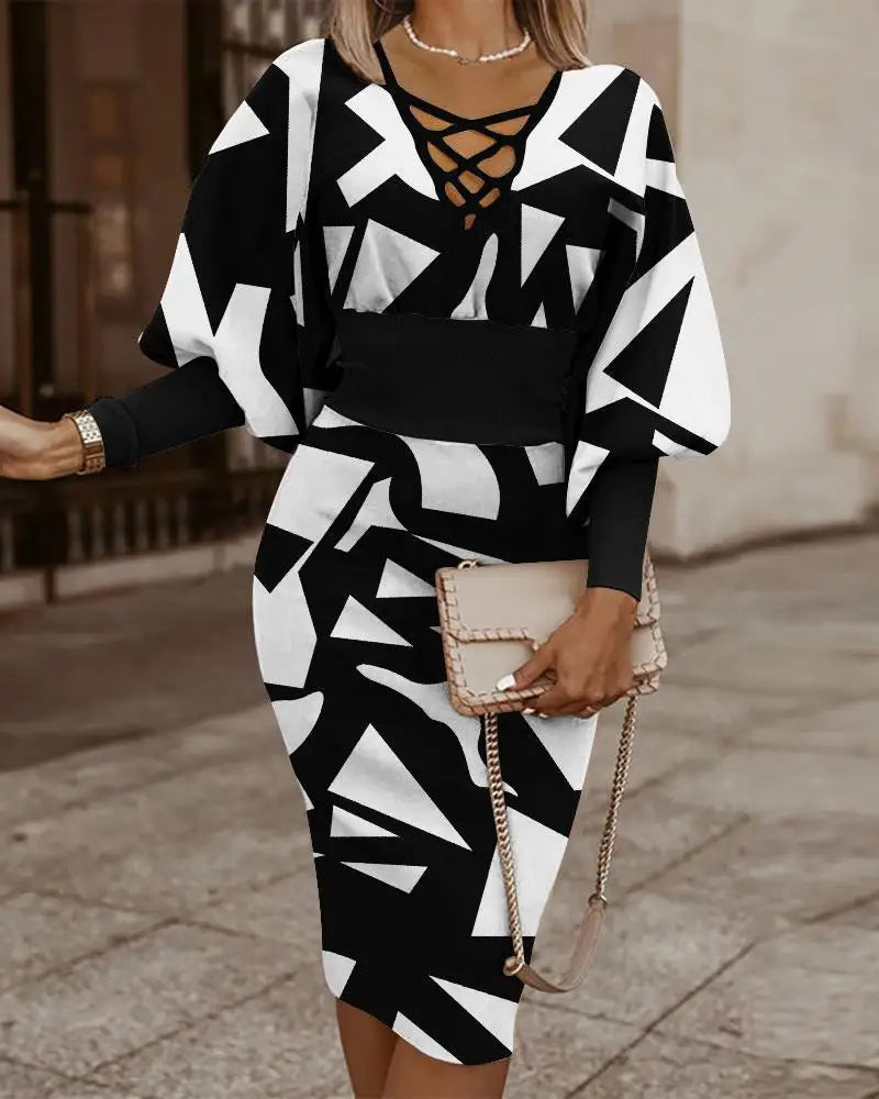 Elegant Long-Sleeved V-Neck Waist Dress for Women