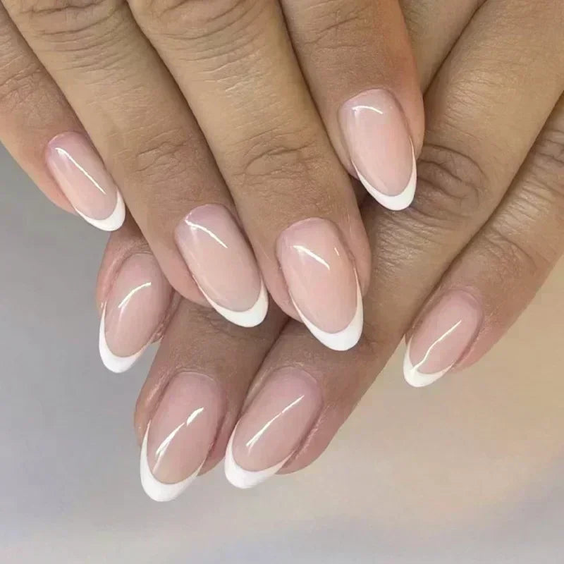 💗 24pcs French Almond Press-On Nails – White Edge with INS Pink Style