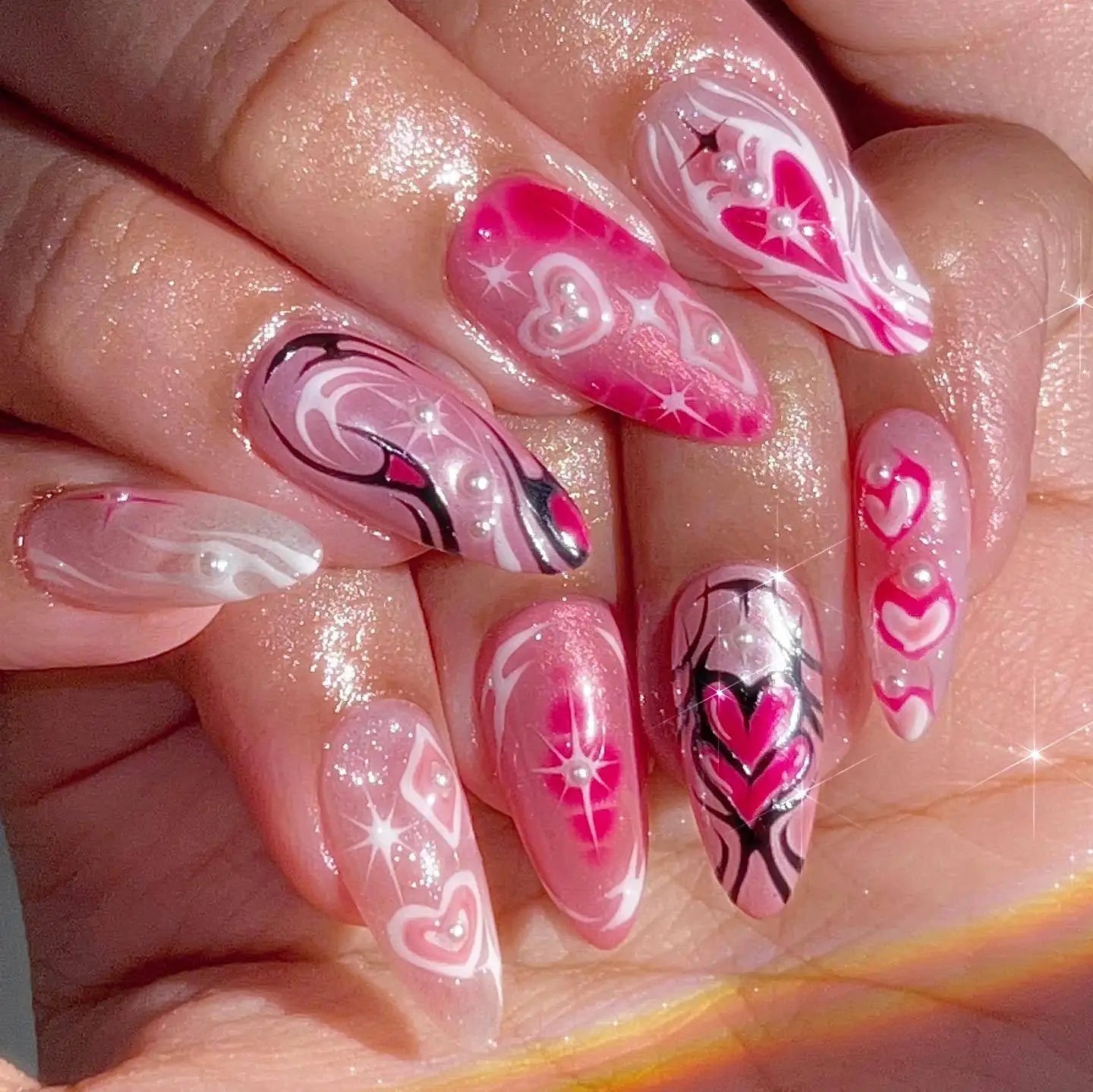 🌸 24pcs Pink Almond Press-On Nails – Sweet Summer Floral with Pearls