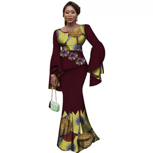 🔥 SALE! African Women Luxury Skirt Set – Flare Sleeve Top & Slim Maxi Skirt
