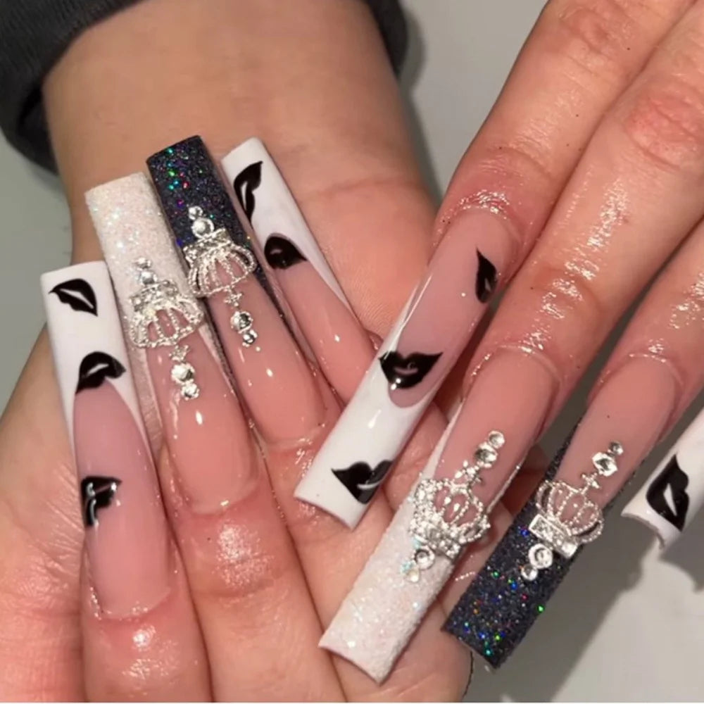 💖 24pcs Rhinestone Pink French Press-On Nails – Long Ballet Square Style