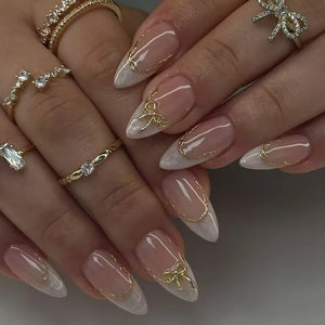 🎀 24pcs French Almond Press-On Nails – Elegant Golden Bow Design