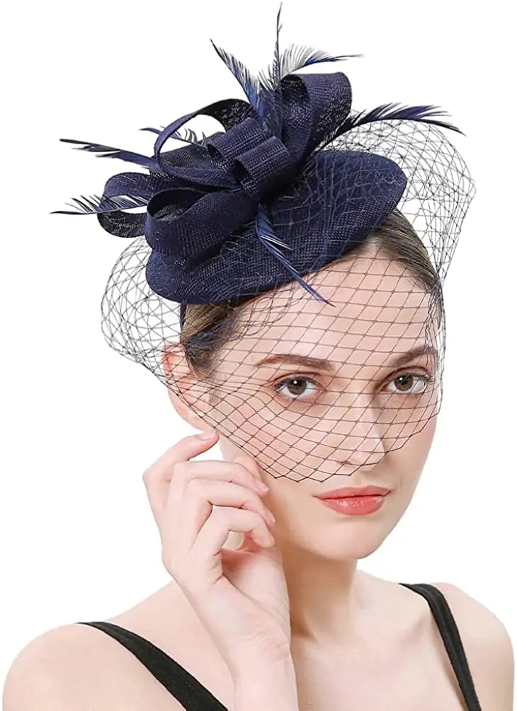 New Fascinator Pillbox Hat with Veil, Mesh Lace & Feathers – Elegant Headband Style for Women