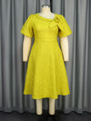 Jacquard Women’s Elegant A-Line Dress – Puff Sleeve 3D Flower Dress
