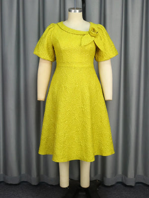 Jacquard Women’s Elegant A-Line Dress – Puff Sleeve 3D Flower Dress