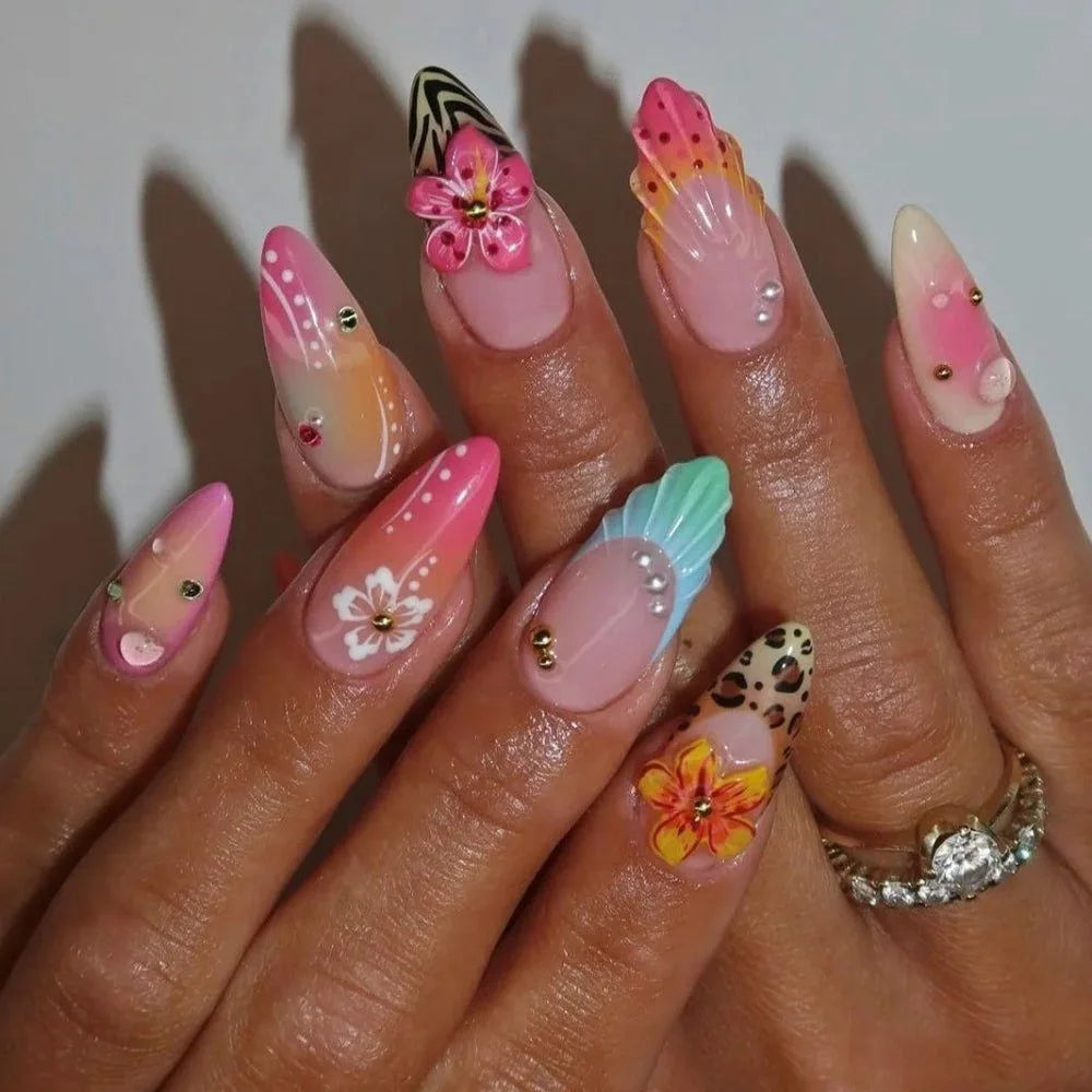 🌊 24pcs Cute Ocean Creature Press-On Nails – Yellow French Tip with Floral Fun