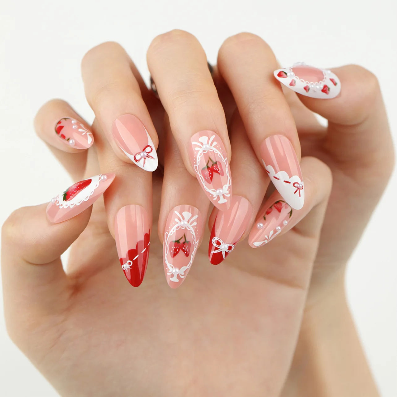🌼 24pcs White Flower Press-On Nails – INS Yellow & Pink Blush Tones