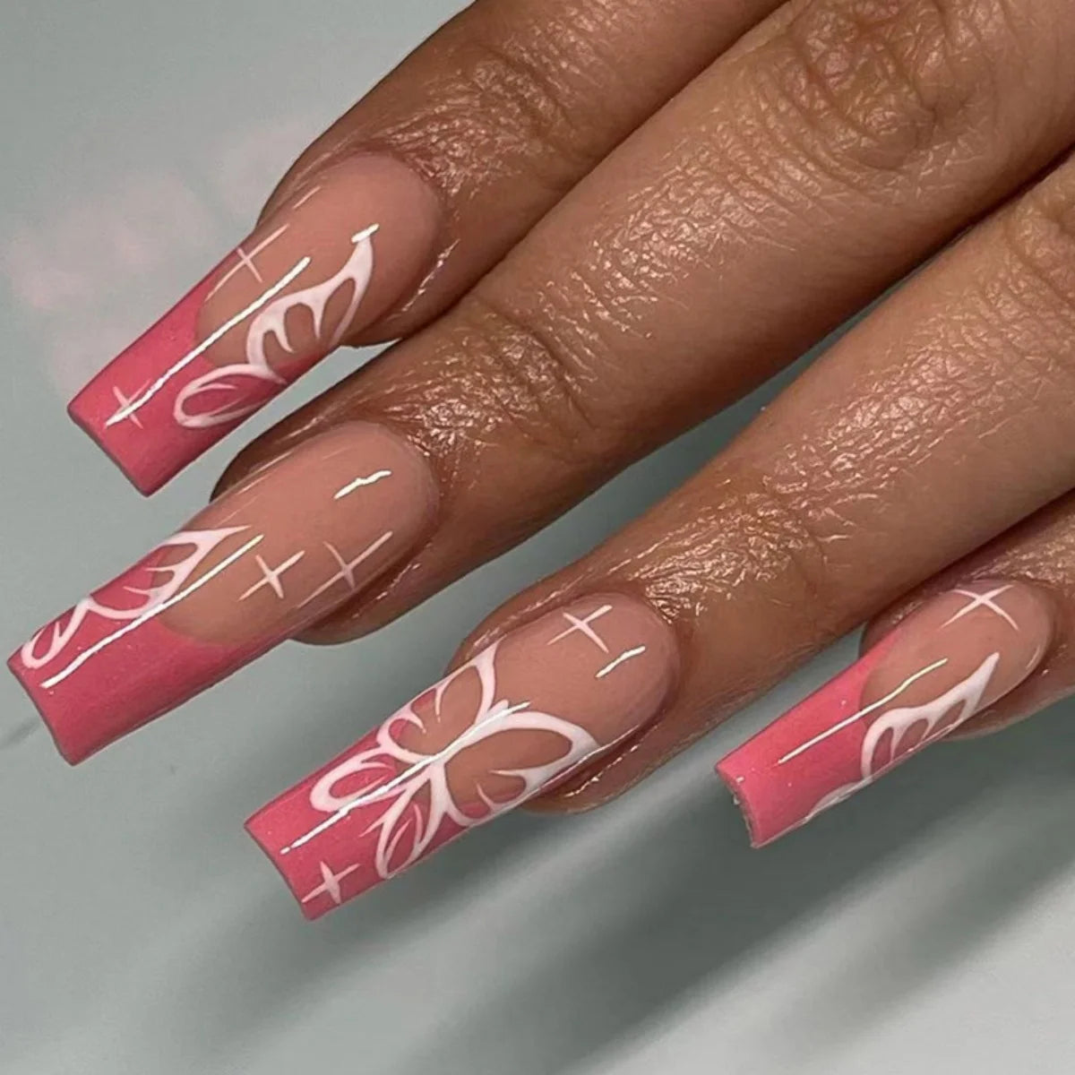 🐻 24pcs Extra Long Square Press-On Nails – 3D Bear & Bow with White French Tips