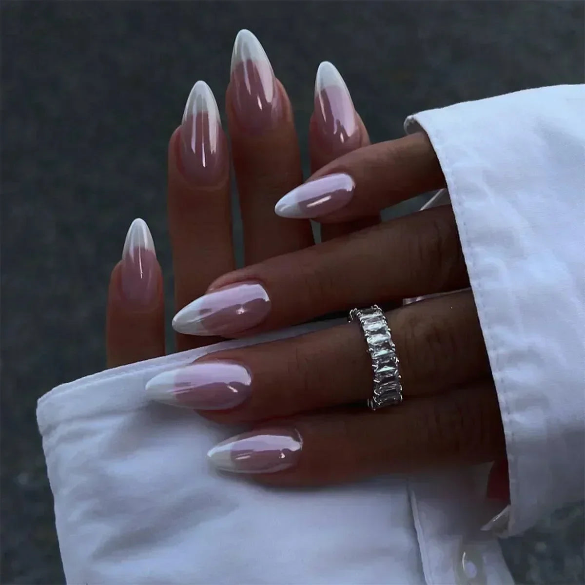 💗 24pcs French Almond Press-On Nails – White Edge with INS Pink Style