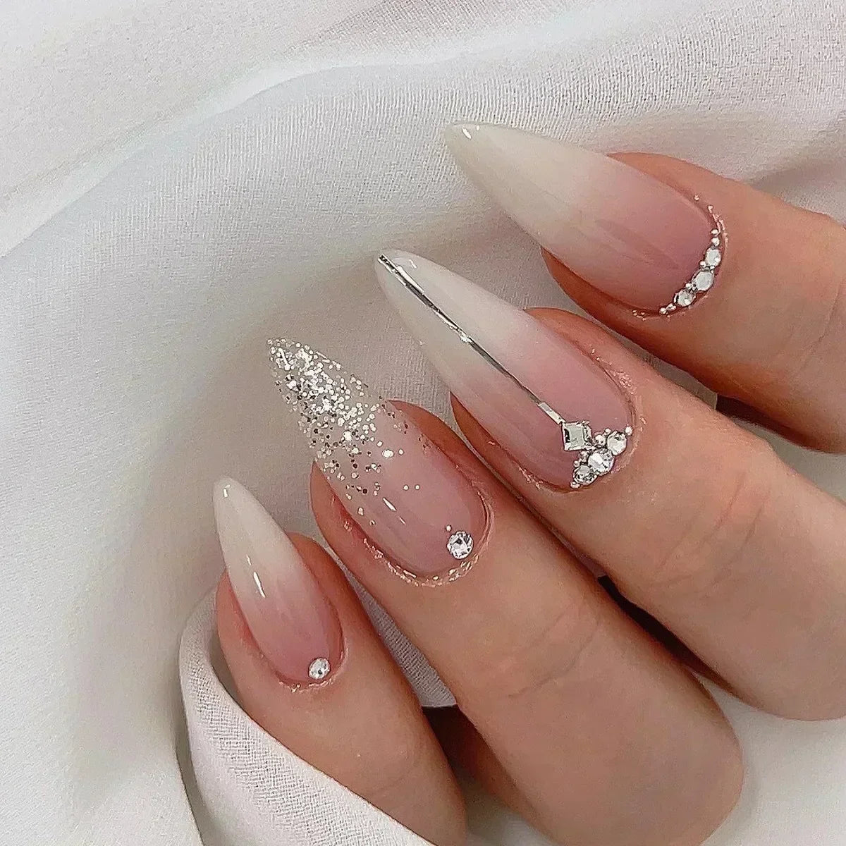 💗 24pcs French Almond Press-On Nails – White Edge with INS Pink Style