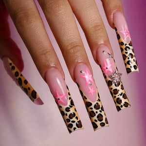 🐻 24pcs Extra Long Square Press-On Nails – 3D Bear & Bow with White French Tips