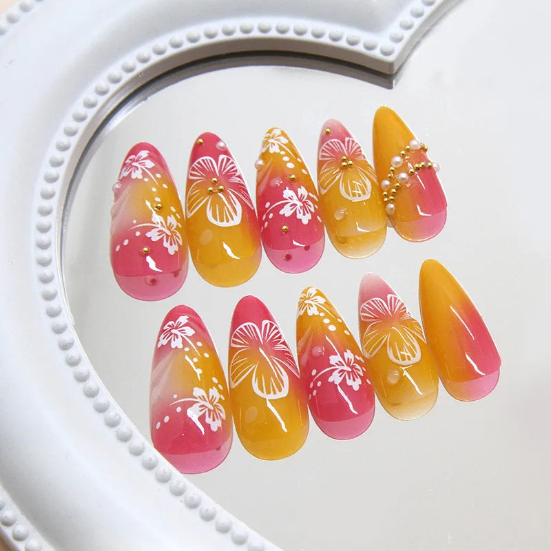 🌼 24pcs White Flower Press-On Nails – INS Yellow & Pink Blush Tones