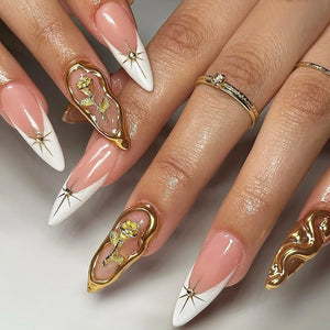 ⭐ 24pcs Simple French Almond Press-On Nails – Chic Stars & Easy Style