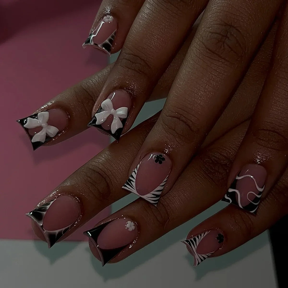 🖤 24pcs Short Almond Press-On Nails – Black Bowknot & White Pearl French Tips