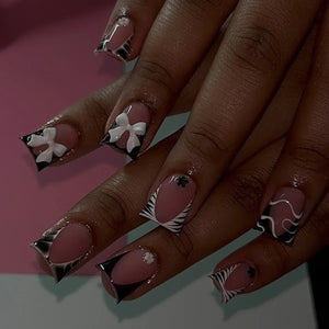 🖤 24pcs Short Almond Press-On Nails – Black Bowknot & White Pearl French Tips