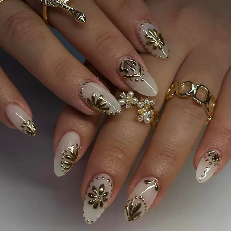 ⭐ 24pcs Simple French Almond Press-On Nails – Chic Stars & Easy Style