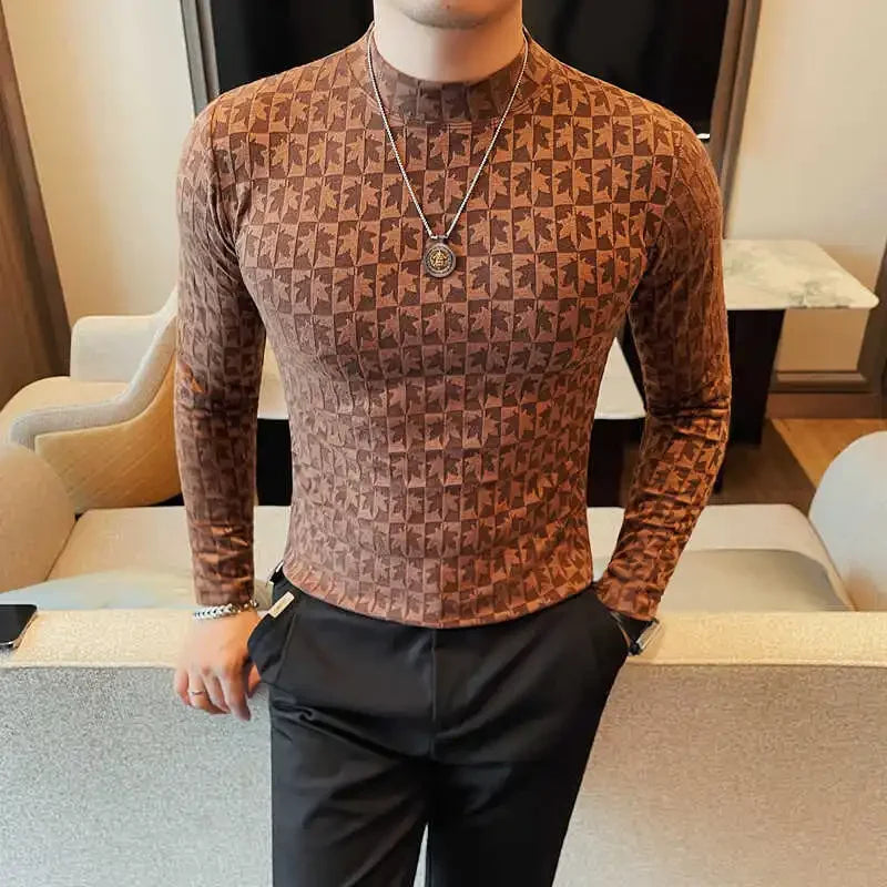 Printed Semi Turtleneck Elastic T-shirt – Men’s Autumn Long-Sleeve Slim Fit Tee
