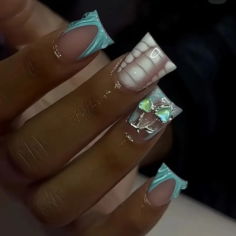 💎 24pcs Duckbill French Press-On Nails – Glitter, Rhinestones & Floral Charm