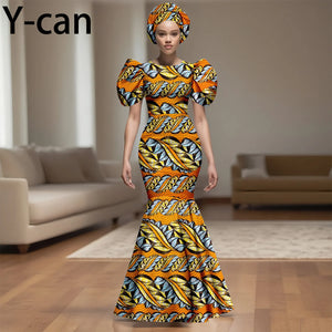 💃 African Party Dress for Women – Puff Sleeve Mermaid Dress with Headwrap (2525142)