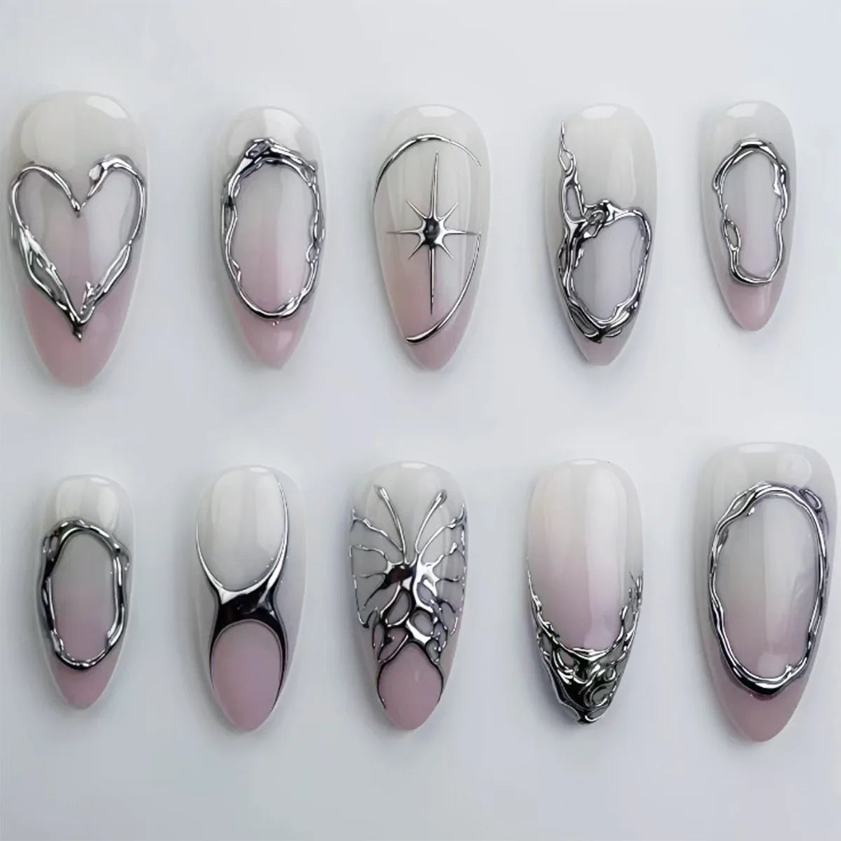 🍃 24pcs 3D Green Ripple Cat’s Eye Press-On Nails – French Almond Style with Leaf Design