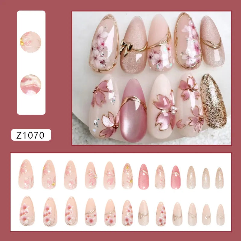 🌼 24pcs White Flower Press-On Nails – INS Yellow & Pink Blush Tones