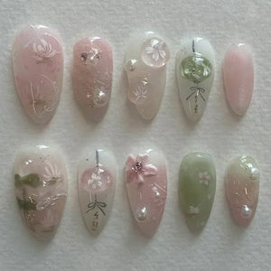 🌸 24pcs Pink Almond Press-On Nails – Sweet Summer Floral with Pearls