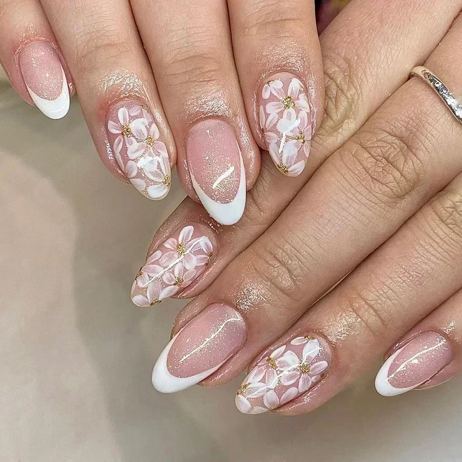🌸 24pcs Pink Almond Press-On Nails – Sweet Summer Floral with Pearls