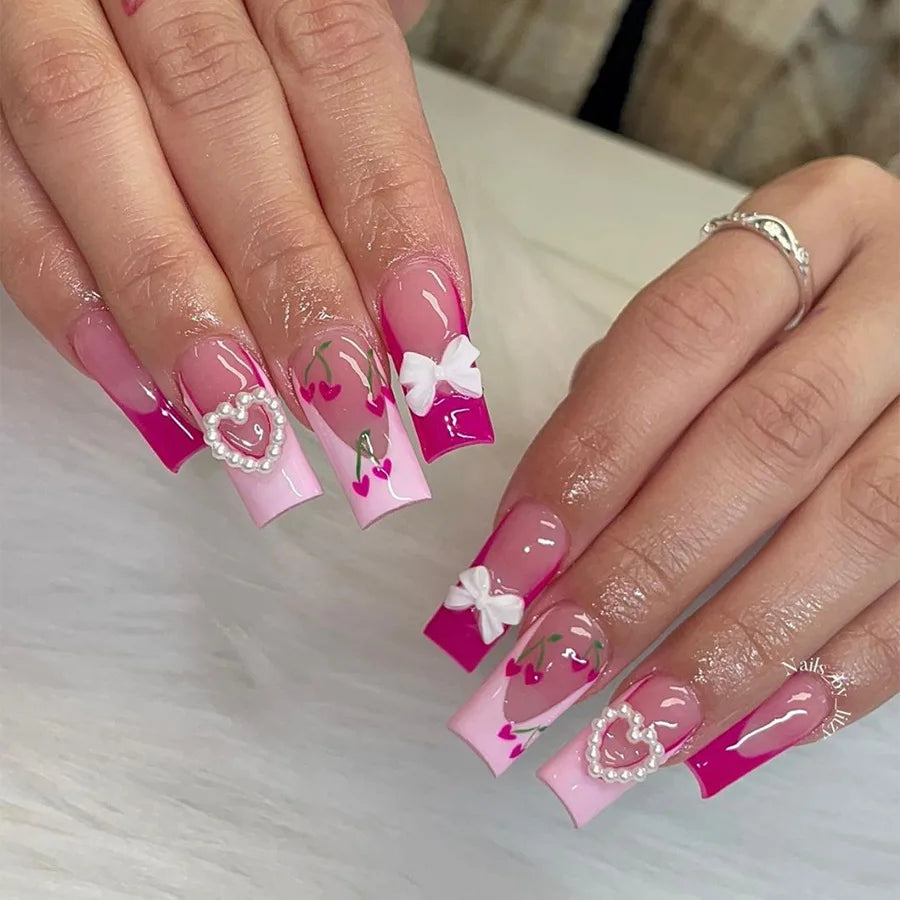 🖤 24pcs Short Almond Press-On Nails – Black Bowknot & White Pearl French Tips