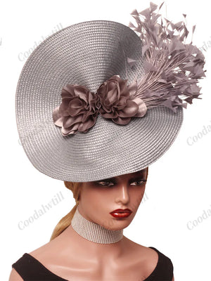 🎩 Big Derby Race Fascinator Hat – Elegant Pillbox with Flowers & Feathers