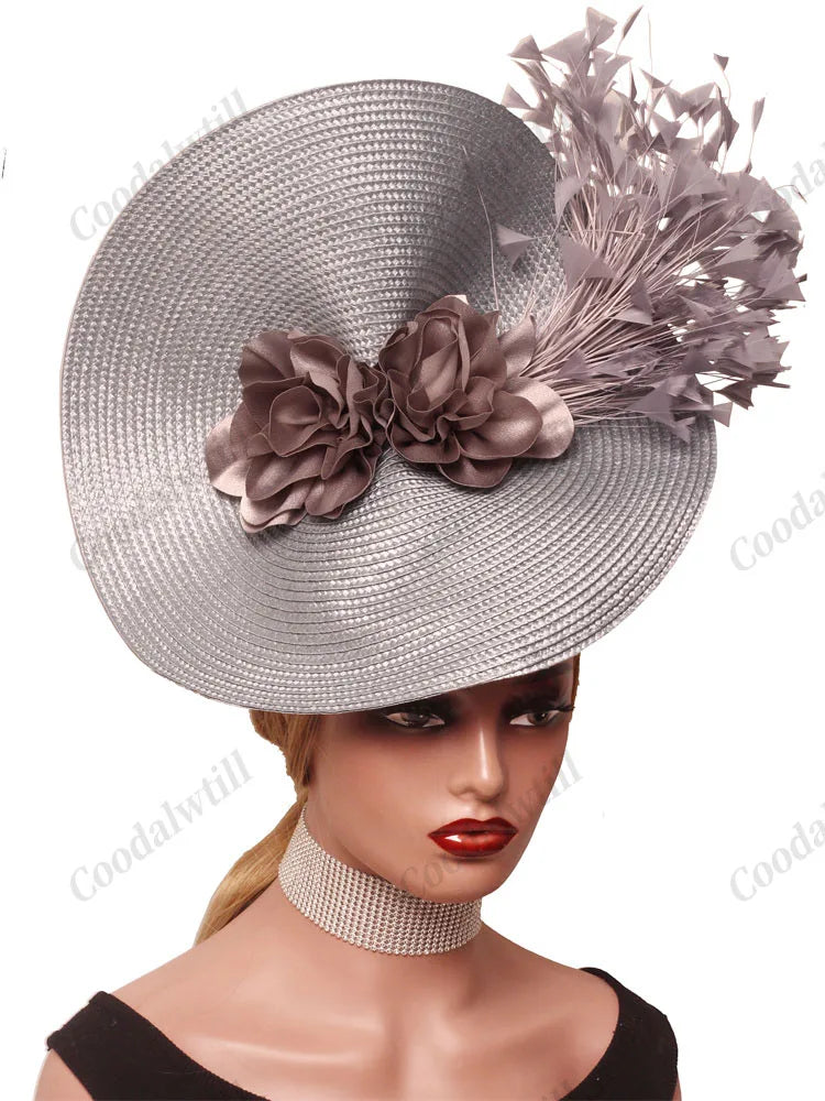 🎩 Big Derby Race Fascinator Hat – Elegant Pillbox with Flowers & Feathers