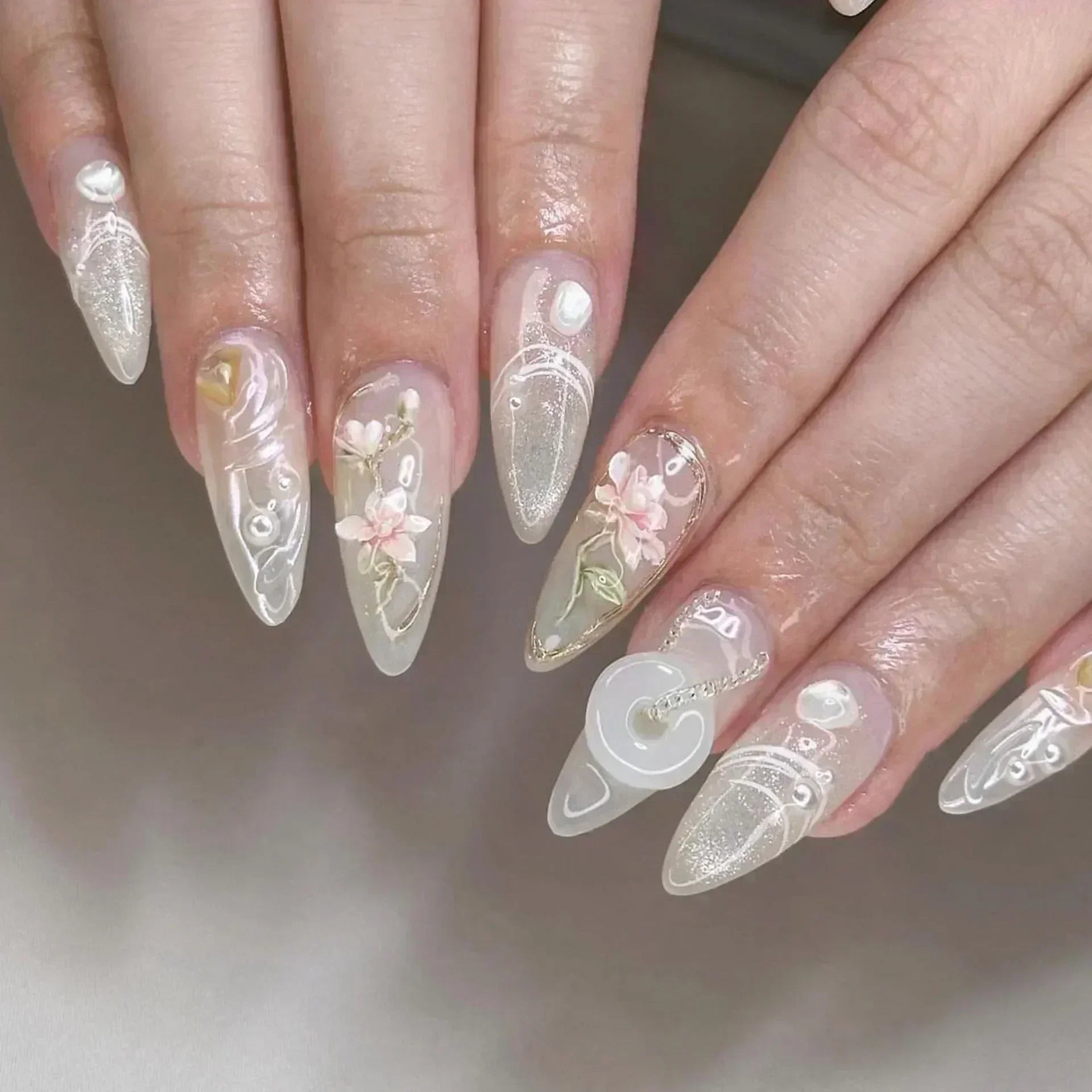 🌸 24pcs Pink Almond Press-On Nails – Sweet Summer Floral with Pearls