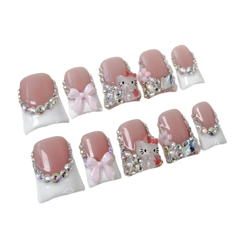 🎀 10pcs Sweet Short Press-On Nails – Bow & Cute KT Cat with Duck French Tips