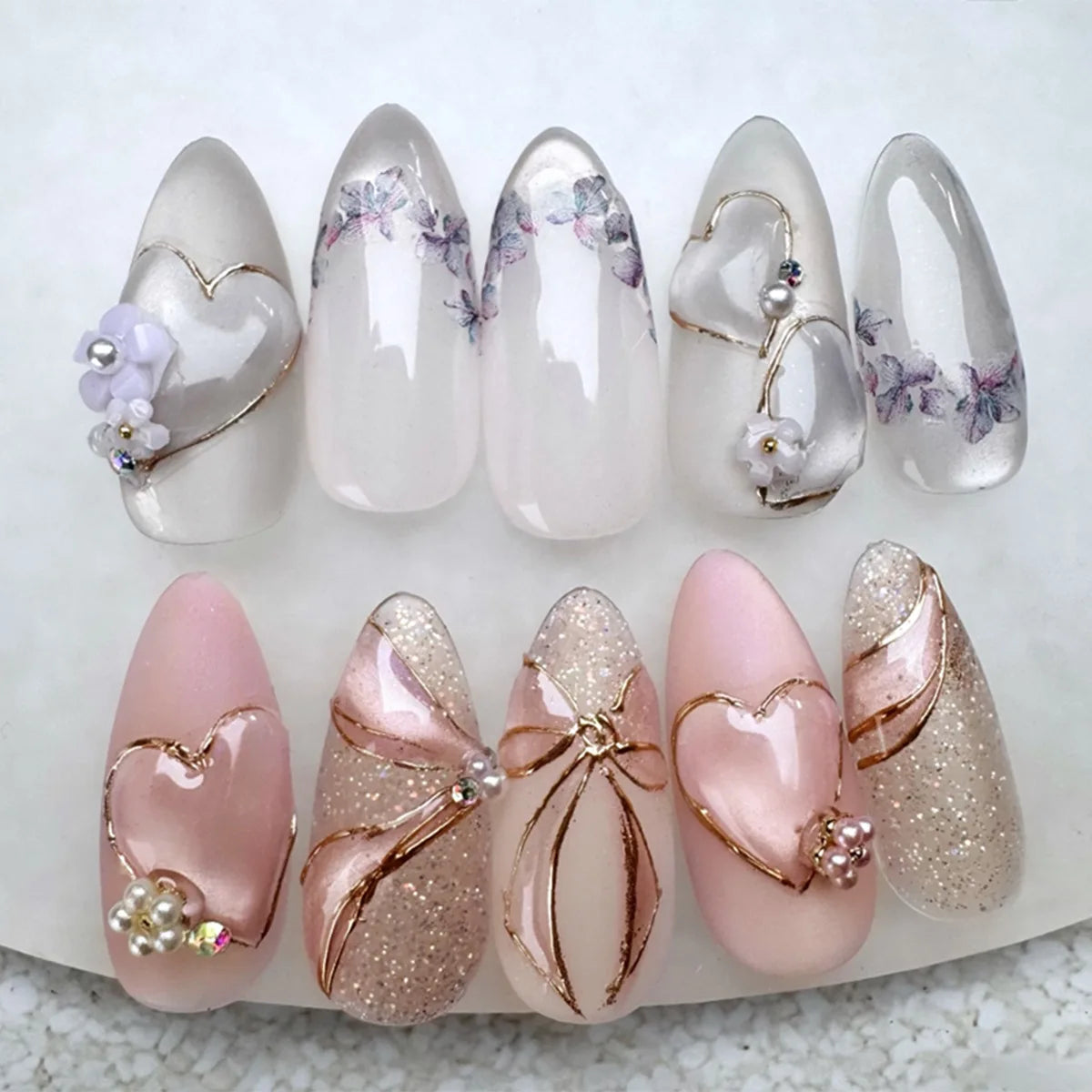 🌸 24pcs Pink Almond Press-On Nails – Sweet Summer Floral with Pearls
