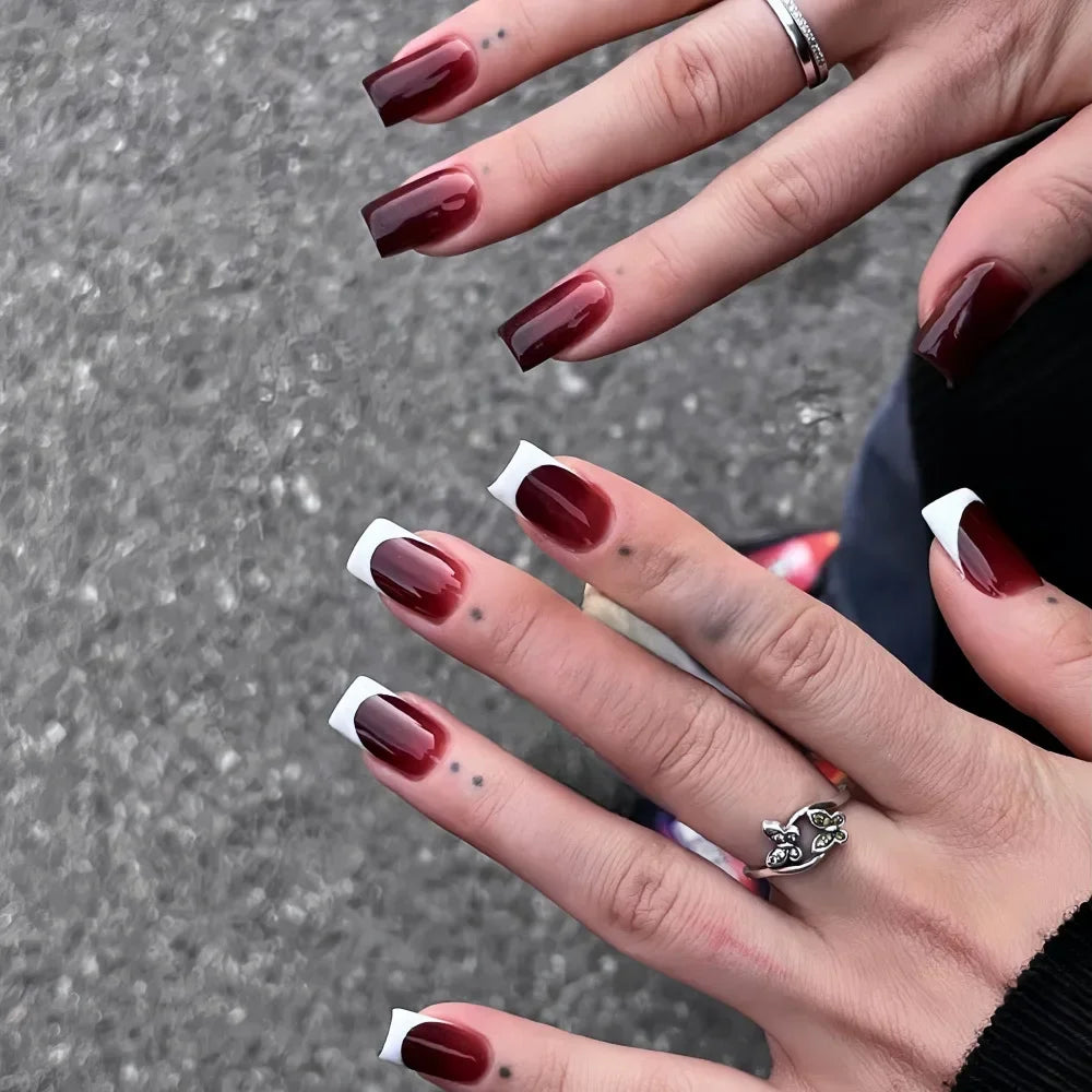 🖤 24pcs Short Almond Press-On Nails – Black Bowknot & White Pearl French Tips