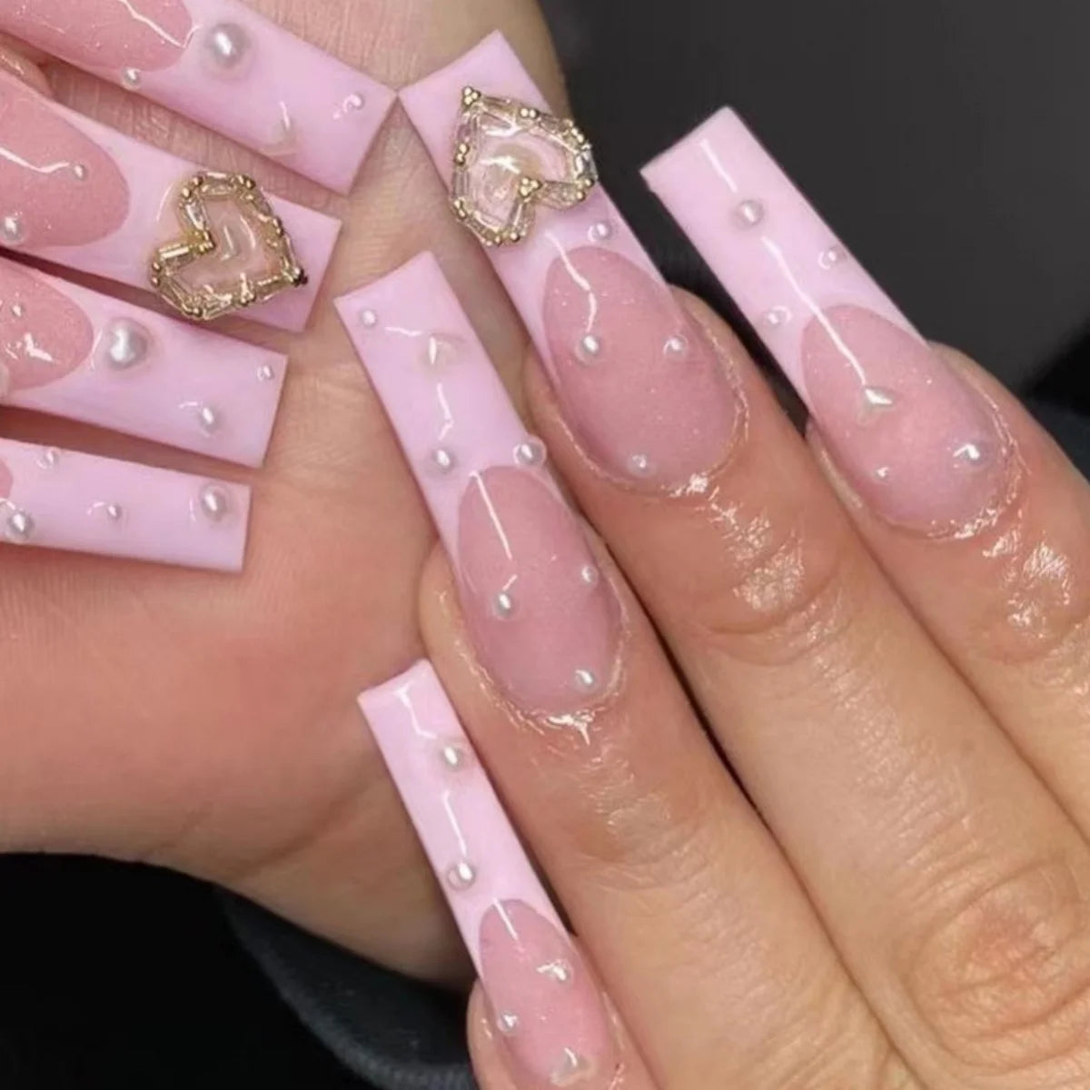 🐻 24pcs Extra Long Square Press-On Nails – 3D Bear & Bow with White French Tips