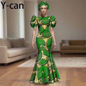 💃 African Party Dress for Women – Puff Sleeve Mermaid Dress with Headwrap (2525142)