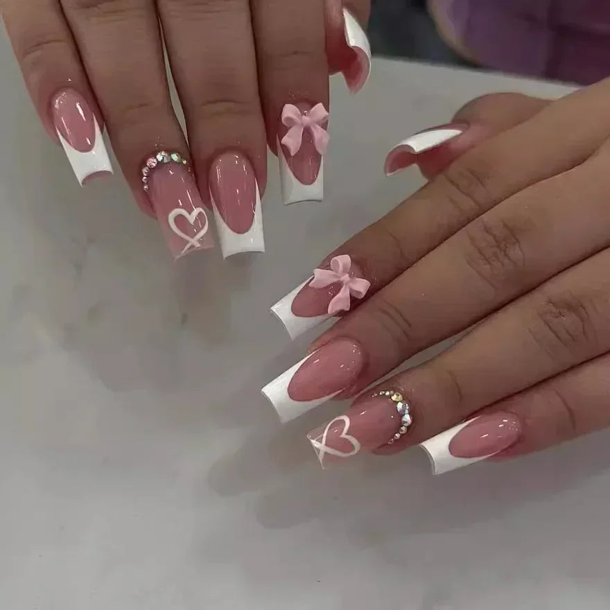 🖤 24pcs Short Almond Press-On Nails – Black Bowknot & White Pearl French Tips