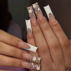 ✨ 24pcs Gold French Border Press-On Nails – Long Coffin Style with Rhinestones