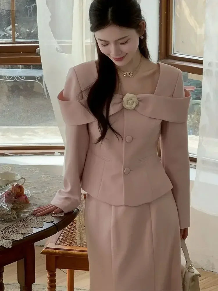 French Style Pink Tweed Two-Piece Set for Women