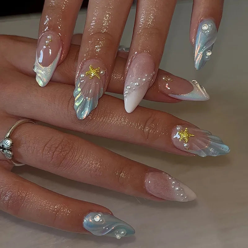 🌸 24pcs Pink Almond Press-On Nails – Sweet Summer Floral with Pearls