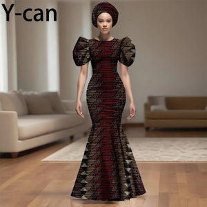 💃 African Party Dress for Women – Puff Sleeve Mermaid Dress with Headwrap (2525142)