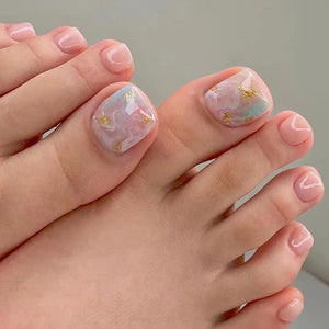 🦋 24pcs Butterfly Design Press-On Toe Nails – Short French Style with Rhinestones
