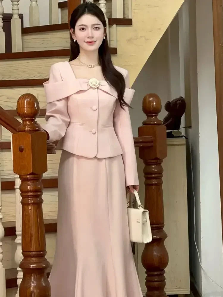 French Style Pink Tweed Two-Piece Set for Women