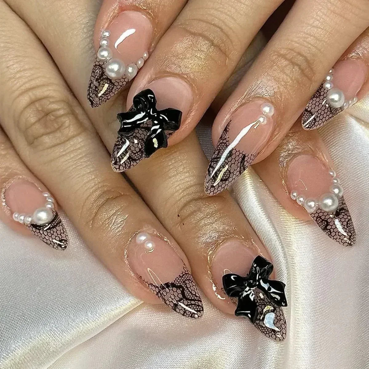 🖤 24pcs Short Almond Press-On Nails – Black Bowknot & White Pearl French Tips